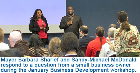 Mayor Barbara Sharief and Sandy-Michael McDonald respond to a question from a small business owner during the January workshop