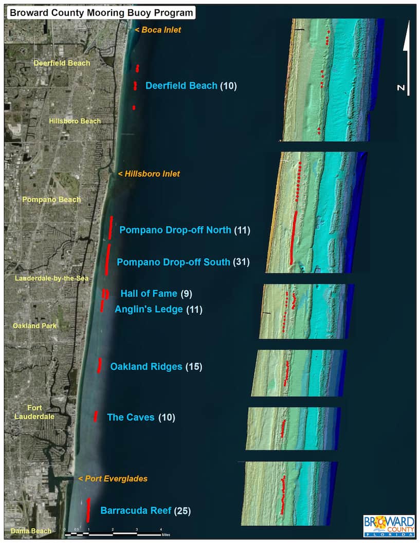 A map showing all mooring buoy locations in Broward County.