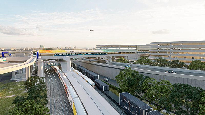 Preliminary rendering of the Airport, Seaport, Convention Center Connector project traveling from the proposed Intermodal Center at Fort-Lauderdale Hollywood International Airport.