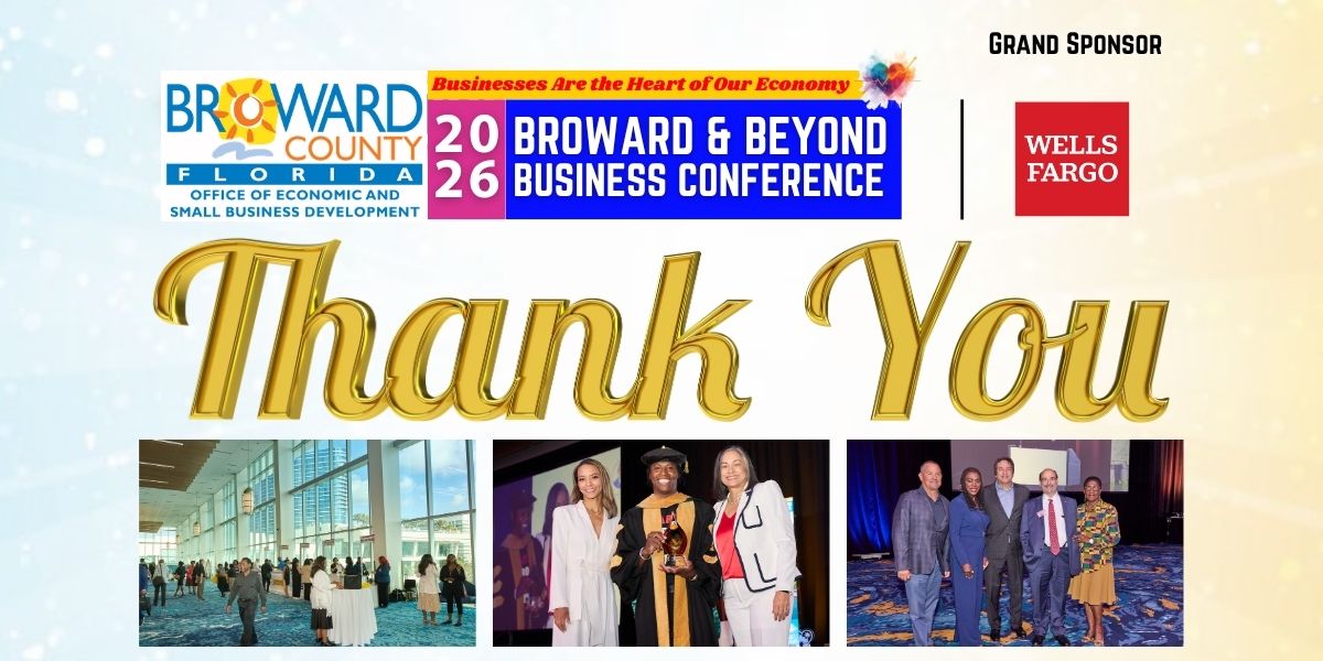 Promotional image for the 2026 Broward & Beyond Business Conference with event information and Grand Sponsor Wells Fargo logo