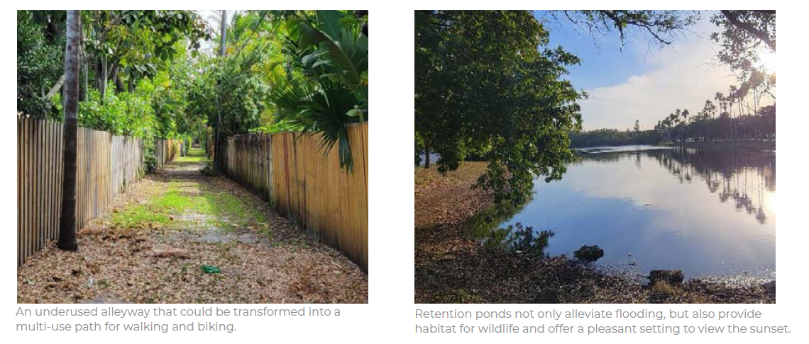 An underused alleyway that could be transformed into a multi-use path for walking and biking. Retention ponds not only alleviat