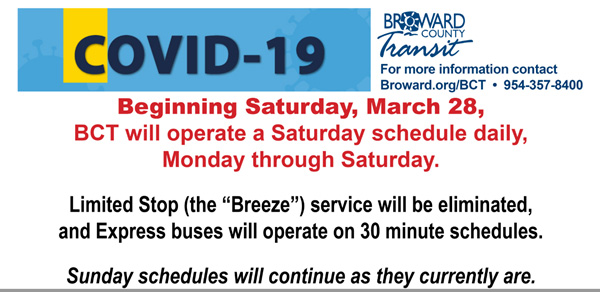 Beginning Saturday, March 28, BCT will operate a Saturday schedule daily, Monday through Saturday. Limited Stop (the Breeze) service will be eliminated, and Express buses will operate on 30 minute schedules. Sunday schedules will continue as they currently are.