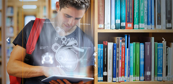 Student using digital library resources inside a library.