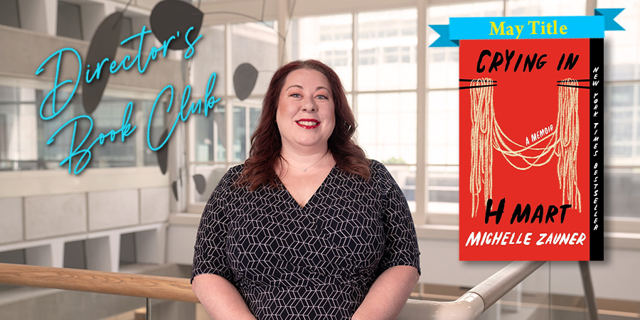 text reads director's book club and features Allison Grubbs and book cover for "crying in hmart" by michelle zauner