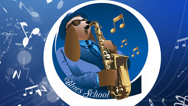 blues school illustration of dog in blue suit playing saxophone
