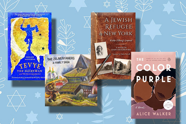 book covers for Tevye the Dairyman, The Zelmenyaners, A Jewish Refugee in New York and The Color Purple