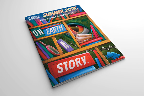 text: summer 2026 un earth a story and features a dinosaur peeking from behind a bookshelf