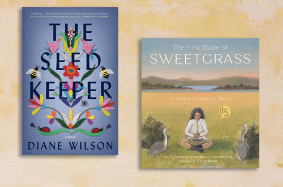 text reads color our world on banner with stack of books outside