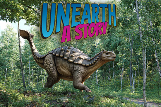 text reads unearth a story summer learning program and features a dinosaur roaming the forest