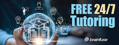 hand holding globe with education icons, text reads free 24/7 tutoring brainfuse