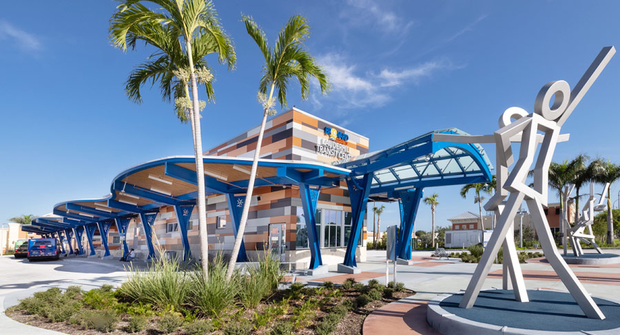 Front Elevation of Lauderhill Transit Center with public  sculptures