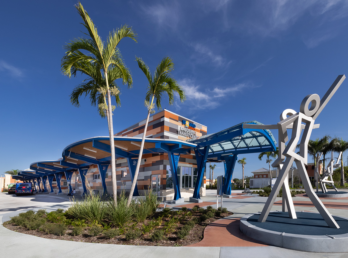 Front Elevation of Lauderhill Transit Center with public  sculptures